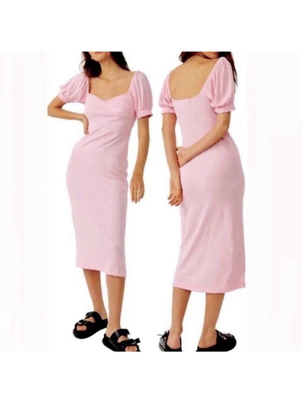 Free People Beach Bel Air Midi Dress Ribbed Puff Sleeve Pink Size L